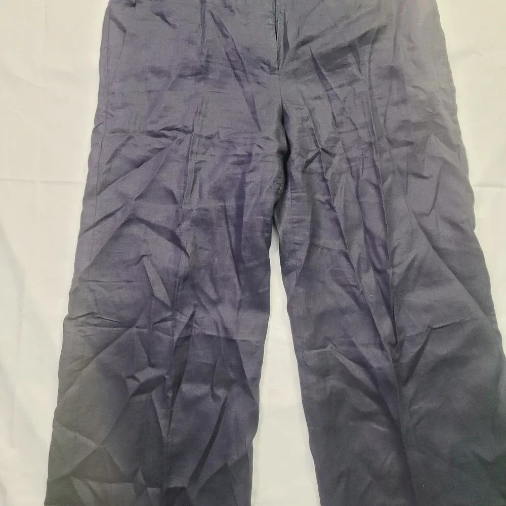 H&M Wide Leg Linen Blend Trousers Women's Size 12 Navy Blue Casual Professional